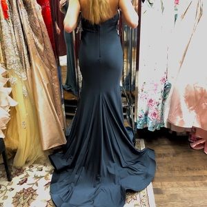 Greenish blue satin prom dress